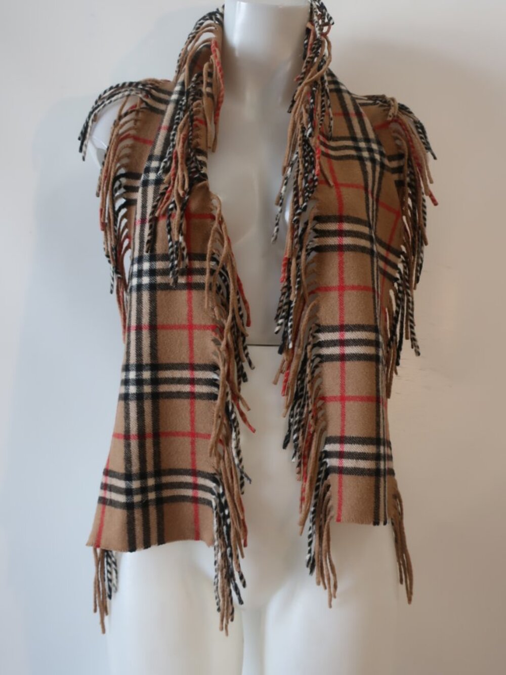 Womens Burberry Tan Black Red (Item-21) Classic Check Cashmere Fringed Scarf COL